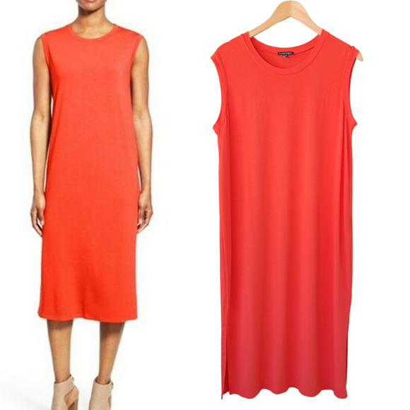 Eileen Fisher Orange Sleeveless Midi Dress Crewneck Shift Size Medium - Picture 1 of 9